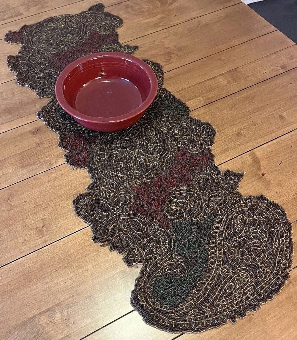 Vintage Boho Embellished Beaded Table Runner Paisley Brown Red Green 13” X 36”